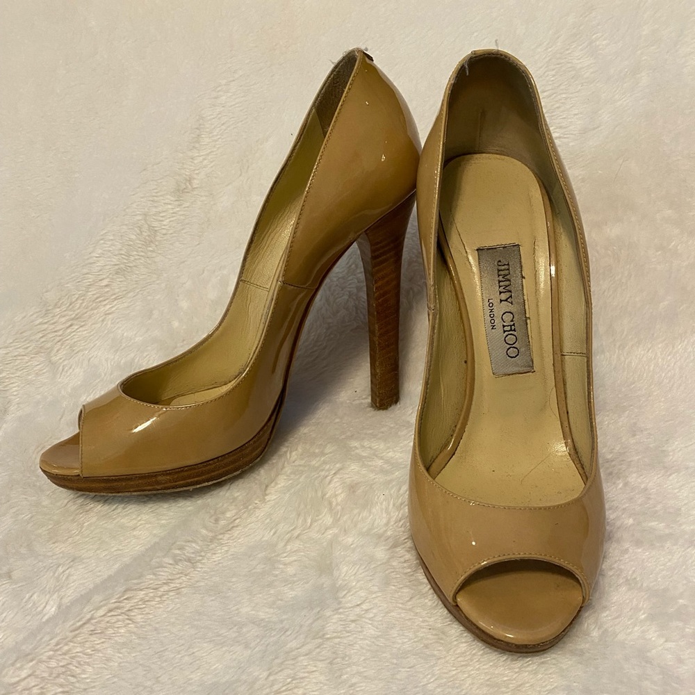 Jimmy Choo Nude Patent Peep-Toe Pumps